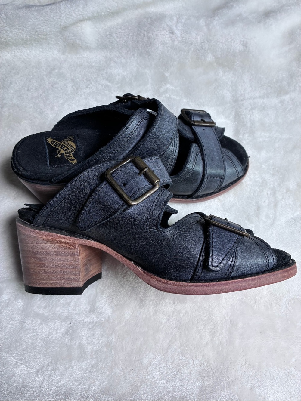 Freebird Caprice Distressed Black Buckle Leather Sandal Heels - Women Size 6